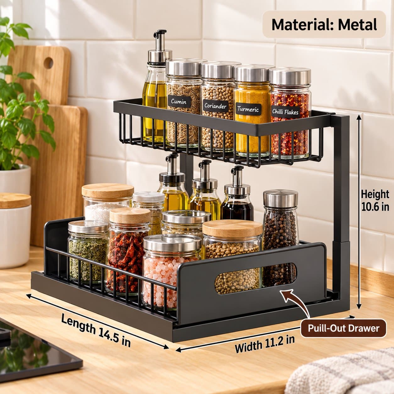 Two-Tier Metal Spice Organizer with Pull-Out Drawer shade 1477d01